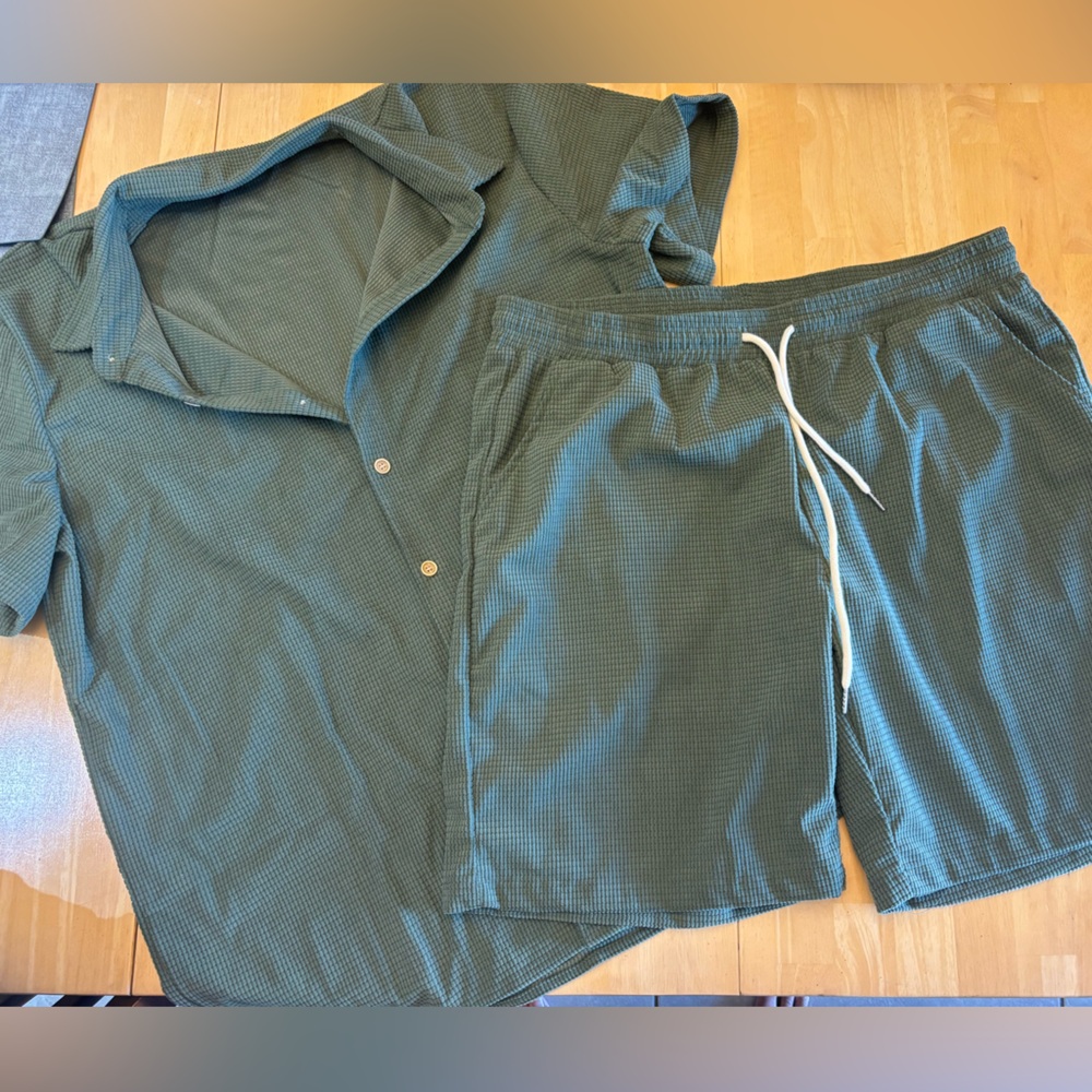 Men's Casual Waffle Green Shirt and Shorts Set
